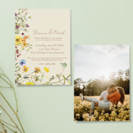 Trouwuitnodiging met foto en wilde bloementuin kaart