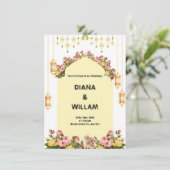 Trouwuitnodiging met gele bloemenprint informatiekaartje (Staand voorkant)