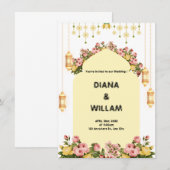 Trouwuitnodiging met gele bloemenprint informatiekaartje (Voorkant / Achterkant)