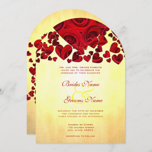 Trouwuitnodiging met gele en rode hartrozen kaart (Voorkant / Achterkant)