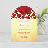 Trouwuitnodiging met gele en rode hartrozen kaart (Staand voorkant)