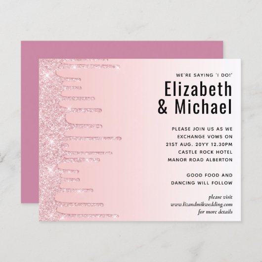 Trouwuitnodiging met glitter roze meisjesachtige b (Voorkant / Achterkant)
