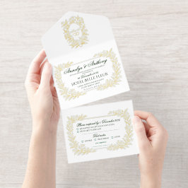Trouwuitnodiging met gouden bloemenfolie all in one uitnodiging