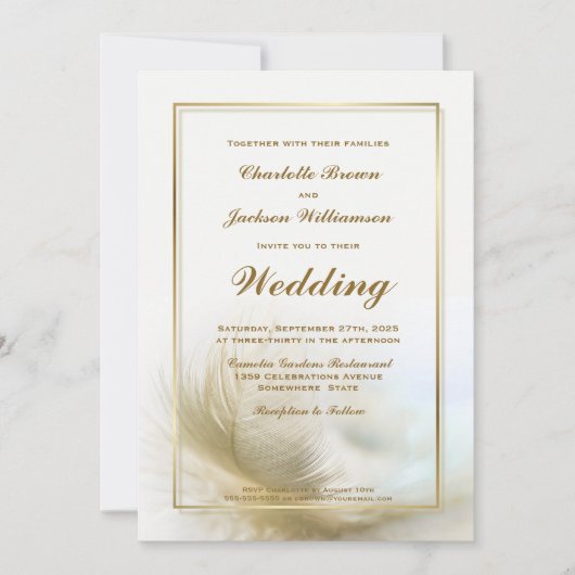 Trouwuitnodiging met gouden lijst en veer inclusie kaart (Voorkant)