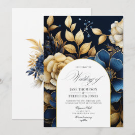 Trouwuitnodiging met marineblauw en gouden bloemen kaart
