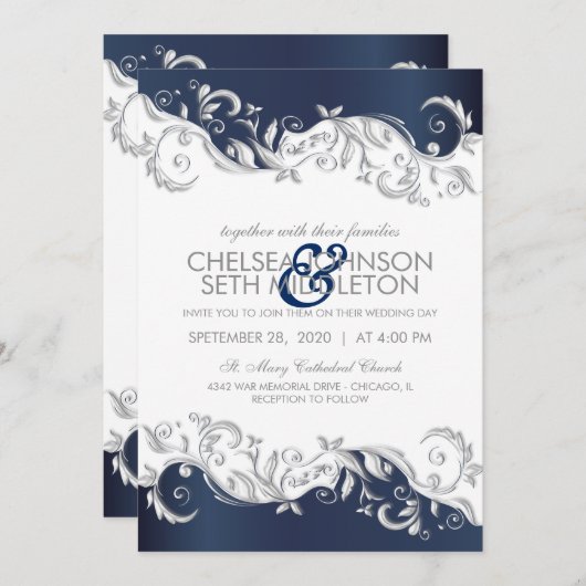Trouwuitnodiging met marineblauwe en witte bloemen kaart (Voorkant / Achterkant)