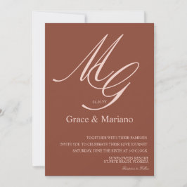 Trouwuitnodiging met monogram, bruin roze gedempt kaart
