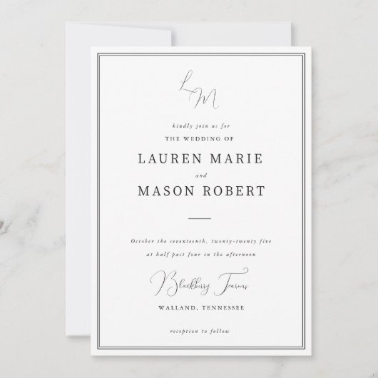 Trouwuitnodiging met monogram in minimalistische s kaart (Voorkant)