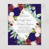 Trouwuitnodiging met Navy Blauwe Bordeaux Roze Blo (Voorkant)