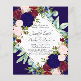 Trouwuitnodiging met Navy Blauwe Bordeaux Roze Blo