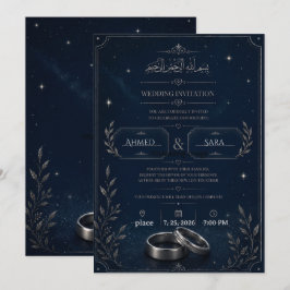 Trouwuitnodiging met Navy Blauwe en Zilveren Sterr Kaart