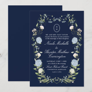 Trouwuitnodiging met Navy Blauwe Hortensia Monogra Kaart