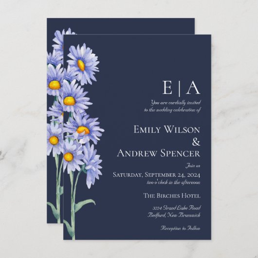 Trouwuitnodiging met Navy Blue Aster Bloemen Kaart (Voorkant / Achterkant)