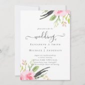 Trouwuitnodiging met olijfgroene en roze tinten vo (Voorkant)