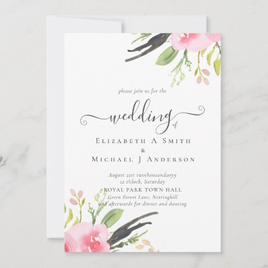 Trouwuitnodiging met olijfgroene en roze tinten vo (Voorkant)