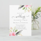 Trouwuitnodiging met olijfgroene en roze tinten vo (Staand voorkant)