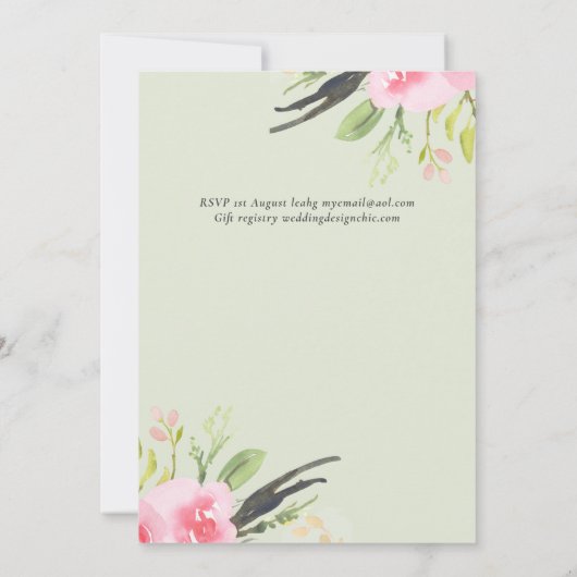Trouwuitnodiging met olijfgroene en roze tinten vo (Achterkant)