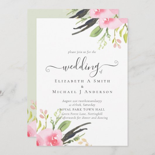 Trouwuitnodiging met olijfgroene en roze tinten vo (Voorkant / Achterkant)
