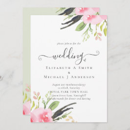 Trouwuitnodiging met olijfgroene en roze tinten vo