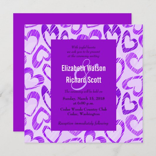 Trouwuitnodiging met paarse harten kaart (Voorkant / Achterkant)