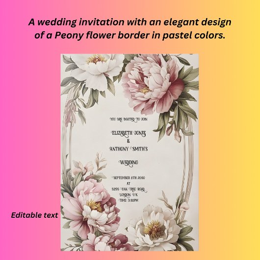 Trouwuitnodiging met pioenrand kaart