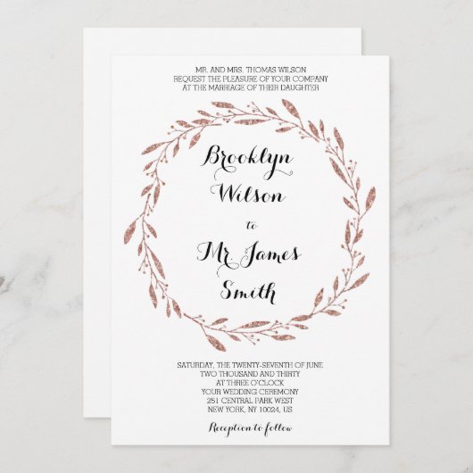 Trouwuitnodiging met rozegouden folie-effect krans kaart (Voorkant / Achterkant)