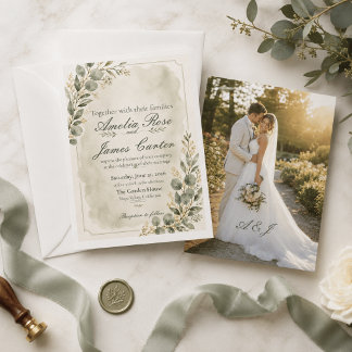 Trouwuitnodiging met salie eucalyptus groen kaart