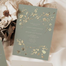 Trouwuitnodiging met saliegroene gouden bloemen