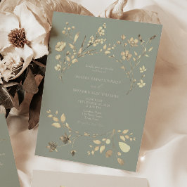 Trouwuitnodiging met saliegroene gouden bloemen kaart
