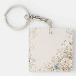 Trouwuitnodiging met sierlijke bloemdetails sleutelhanger