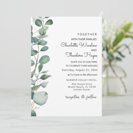 Trouwuitnodiging met tuin Eucalyptus en groen Save The Date (Staand voorkant)