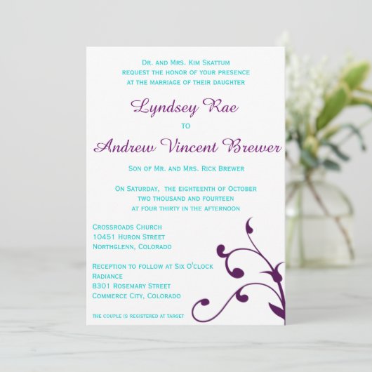 Trouwuitnodiging met turquoise en Paarse Kaart (Staand voorkant)