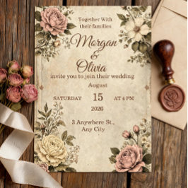 Trouwuitnodiging met vintage botanische illustrati kaart