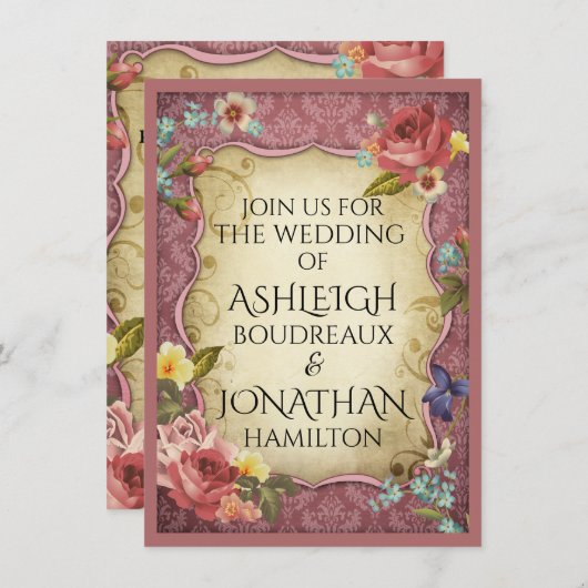 Trouwuitnodiging met vintage perkamentprint kaart (Voorkant / Achterkant)