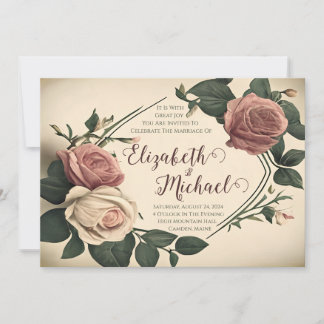 Trouwuitnodiging met vintage roos bloemmotief kaart