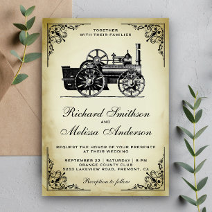 Trouwuitnodiging met vintage stoomlocomotief kaart