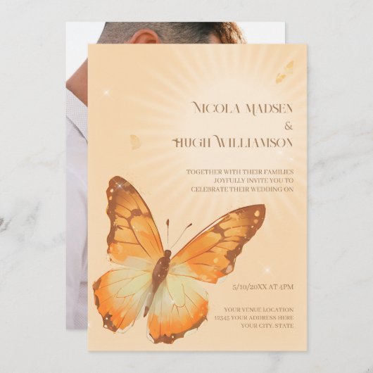 Trouwuitnodiging met watercolor Monarchvlinder Kaart (Voorkant / Achterkant)