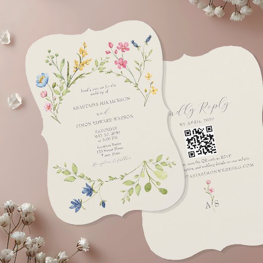 Trouwuitnodiging met wilde bloemen en QR-code Kaart
