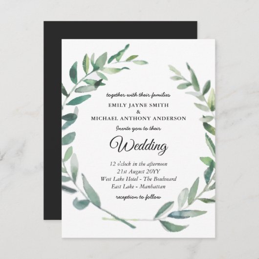 Trouwuitnodiging Moderne Olijfbladeren (Voorkant / Achterkant)