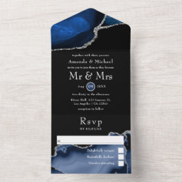 Trouwuitnodiging Navy Blauw en Zilver Agate All In One Uitnodiging