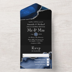 Trouwuitnodiging Navy Blauw en Zilver Agate All In One Uitnodiging