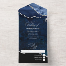 Trouwuitnodiging Navy Blauw en Zilver Agate All In One Uitnodiging