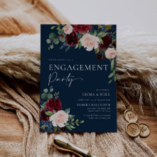 Trouwuitnodiging Navy Bloemen Burgundy Blush Kaart