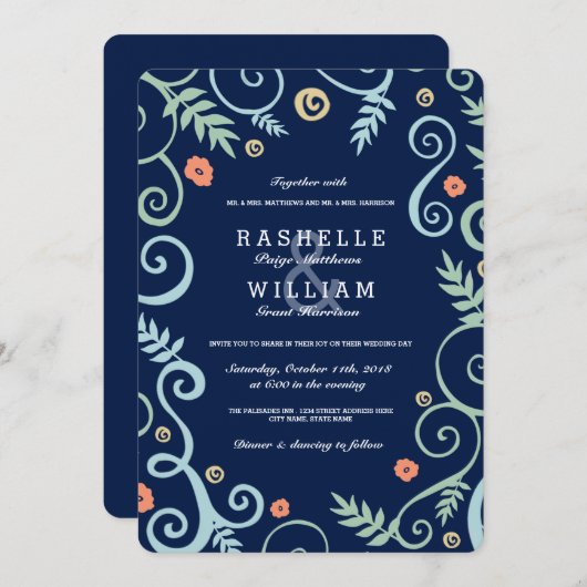 Trouwuitnodiging Navy Elegance Kaart (Voorkant / Achterkant)