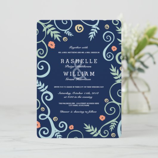 Trouwuitnodiging Navy Elegance Kaart (Staand voorkant)