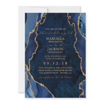 Trouwuitnodiging Navy Marble & Gold Agate