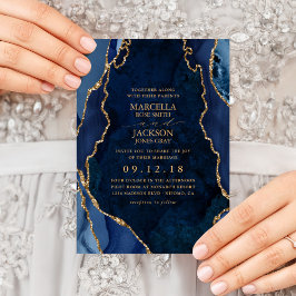 Trouwuitnodiging Navy Marmer & Goud Agate Kaart