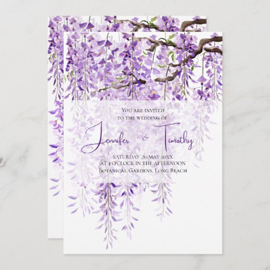 Trouwuitnodiging paarse wisteria in bloei 2024 kaart (Voorkant / Achterkant)