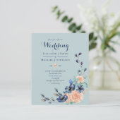 Trouwuitnodiging Paradise Navy Coral Sage Bloemen (Staand voorkant)