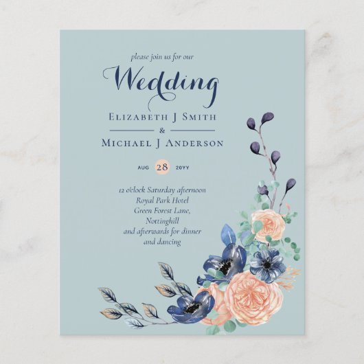 Trouwuitnodiging Paradise Navy Coral Sage Bloemen (Voorkant)